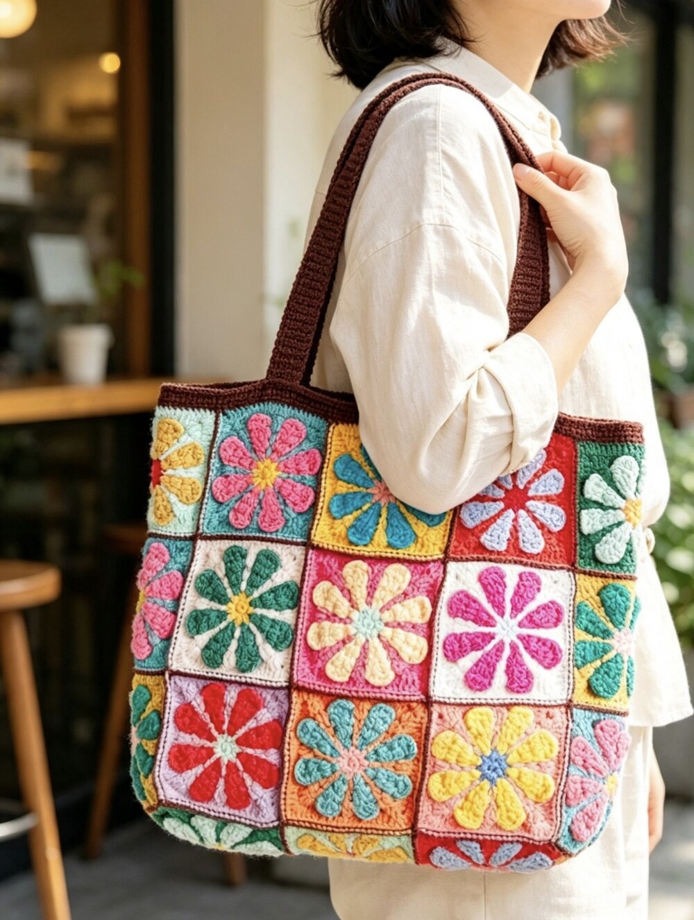 Handmade Crochet Tote Bag, Market Slouchy Shoulder Bag,Handwoven  Boho Purse